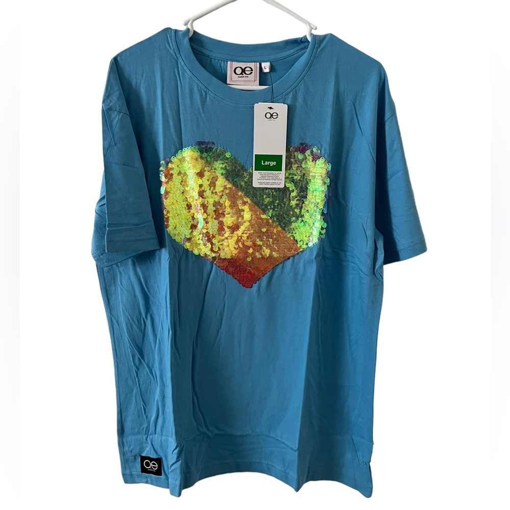 Queer Eye Men’s Large Light‎ Blue Shirt With Sequin Rainbow Heart New With Tags